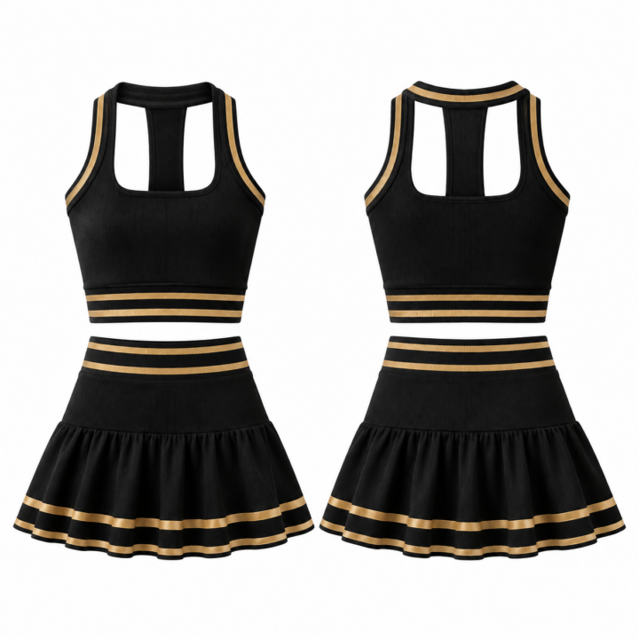 Gold and Black Ribbed Knit Crop Top and Mini Skirt Set