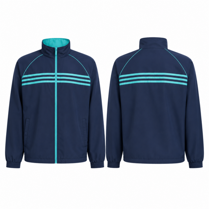 Navy and Turquoise Zip-Up Track Jacket with Stand Collar