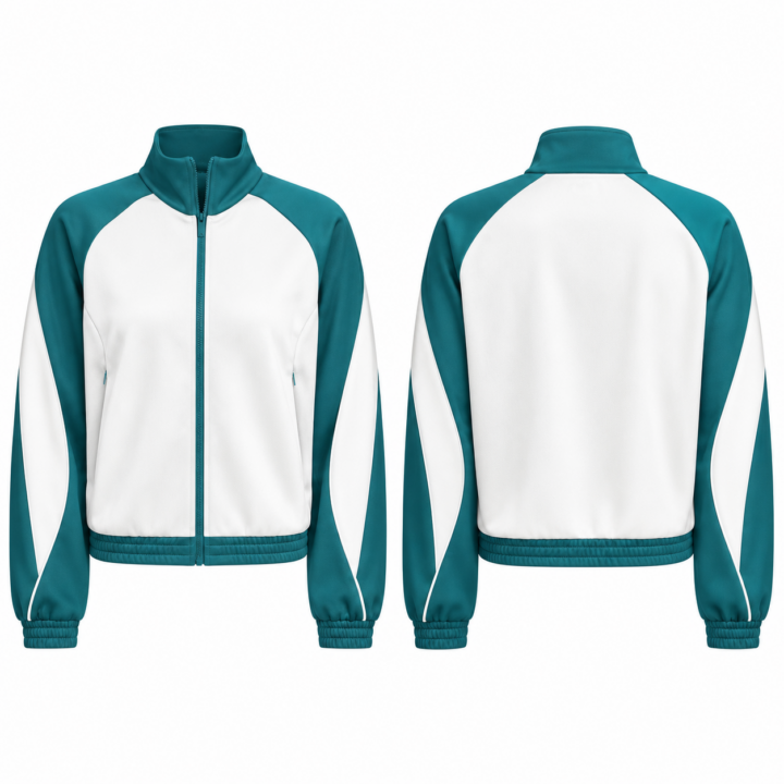 White and Teal Zip-Up Track Jacket with Mock Collar and Raglan Sleeves