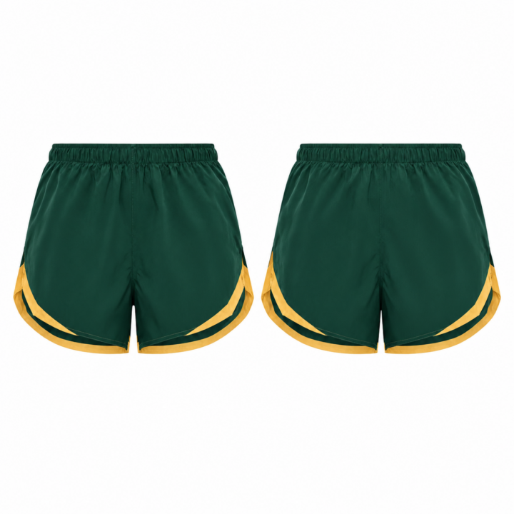 Gold and Forest Green Athletic Shorts with Dolphin Hem and Contrast Trim