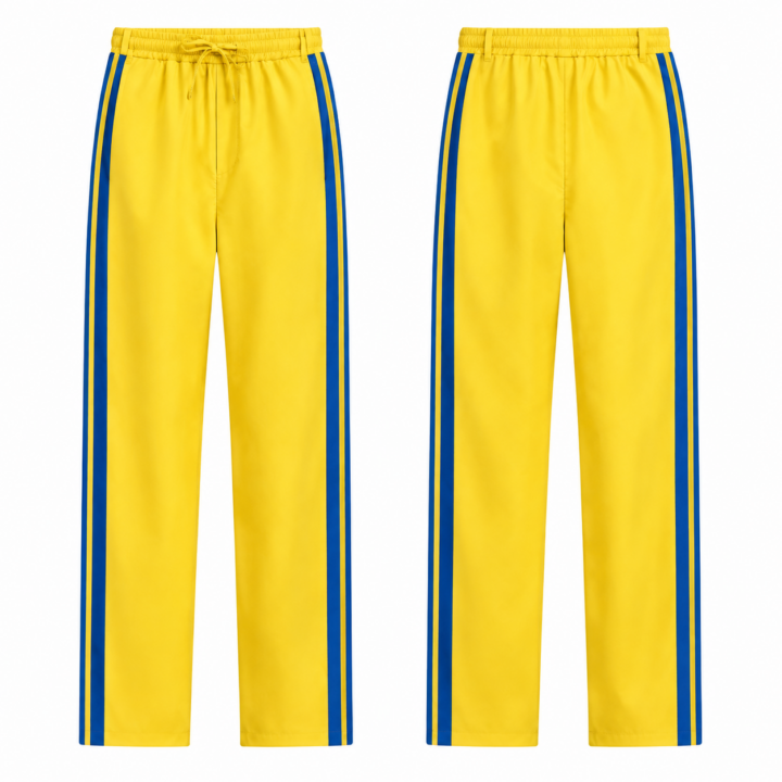 Yellow and Blue Straight-Leg Track Pants with Side Stripe and Drawstring Waist