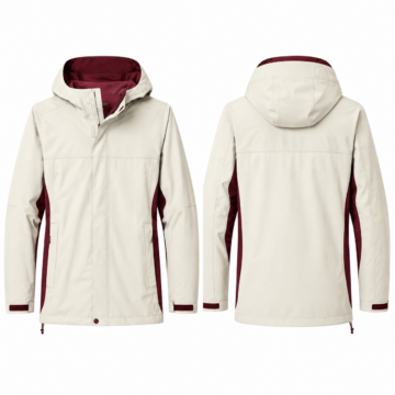 Cream and Maroon Hooded Rain Jacket with Zip Front and Storm Flap