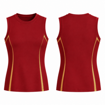 Red and Gold Sleeveless Athletic Top with Crew Neck and Princess Seams