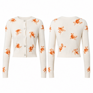 Orange and White Floral Cropped Cardigan with Crew Neck