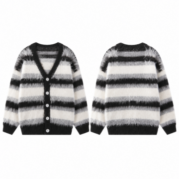 White and Black Striped V-Neck Button-Front Cardigan Sweater