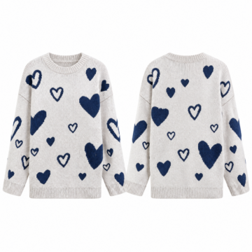 White and Navy Heart Pattern Crew Neck Knit Sweater
