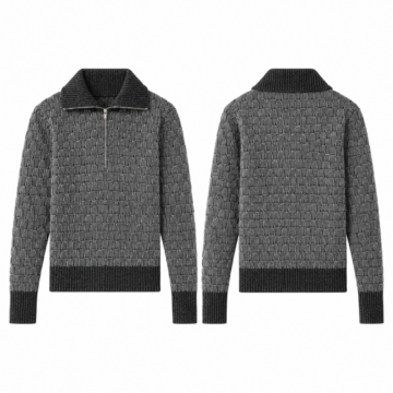 Silver and Black Basketweave Quarter-Zip Pullover Sweater