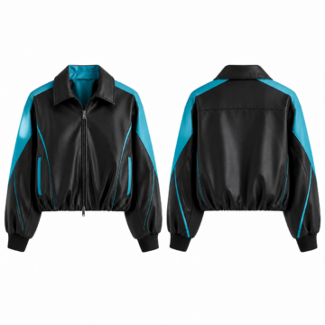 Cyan and Black Cropped Zip-Up Jacket with Ribbed Cuffs
