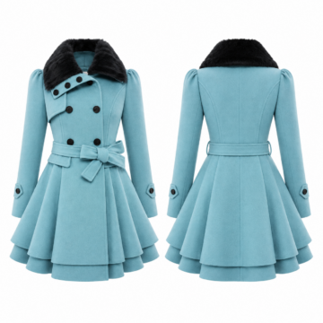Cyan and Black Double-Breasted Belted Faux Fur Collar Coat