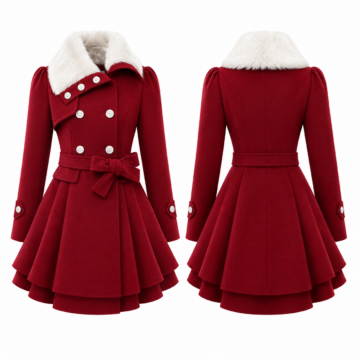 Red and White Faux Fur Collar Belted Flared Coat