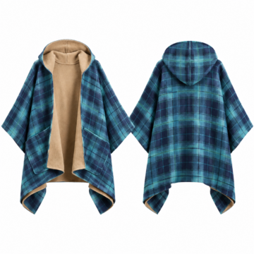 Navy and Turquoise Check Open-Front Cape Coat