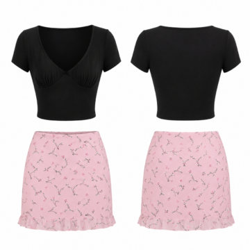Black and Pink Floral Print Two-Piece Mini Skirt Set