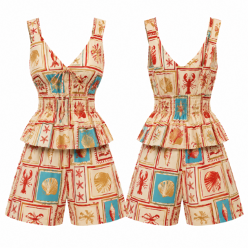 Gold and Red Maritime Print Two-Piece Peplum Shorts Set