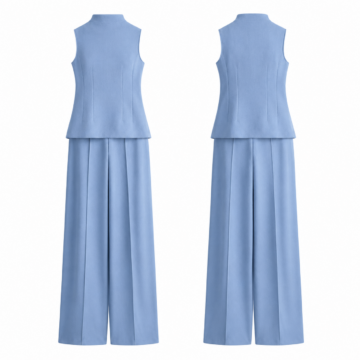 White and Blue Sleeveless Mock-Neck Top and Wide-Leg Trousers Set