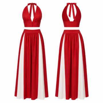 Red and White Halter-Neck Crop Top and Maxi Skirt Set