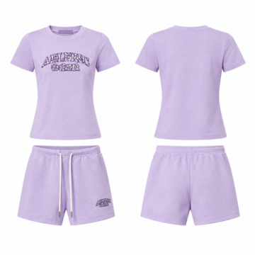 Light Purple and White Graphic Tee and Drawstring Shorts Set