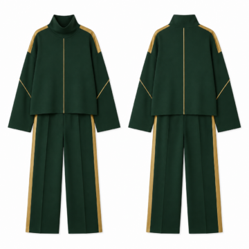 Forest Green and Gold Funnel-Neck Top and Straight-Leg Pants Set