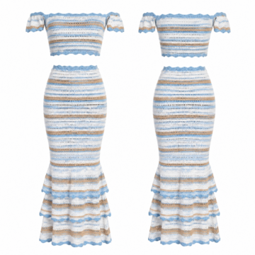 Sky Blue and White Striped Off-Shoulder Top and Maxi Skirt Set