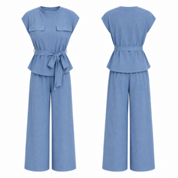 Blue and White Ribbed Two-Piece Set with Cap-Sleeve Top and Wide-Leg Trousers
