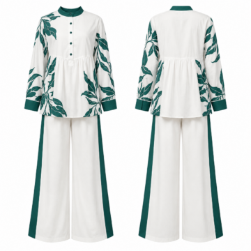 White and Emerald Band-Collar Button-Front Top and Wide-Leg Trouser Set