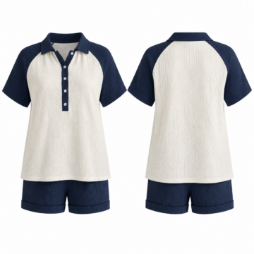 White and Navy Collared Top and Cuffed Shorts Two-Piece Set