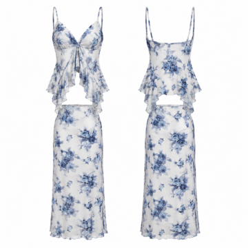 White and Navy Floral Cami Top and Midi Skirt Two-Piece Set