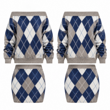 Blue and White Argyle Knit Two-Piece Sweater and Mini Skirt Set