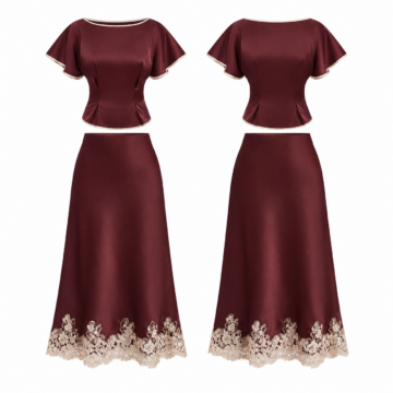 Maroon and Cream Flutter Sleeve Top and Lace-Trim Midi Skirt Set