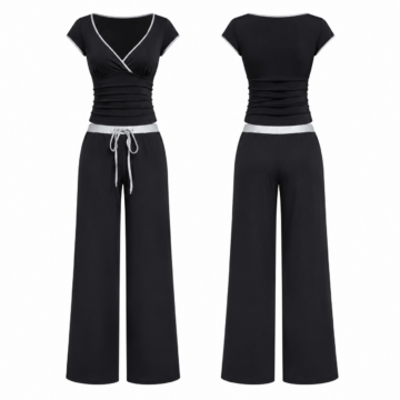 Black and Silver V-Neck Top and Wide-Leg Pants Set