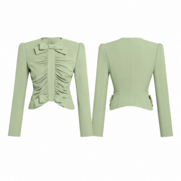 Green and White Bow-Trim Ruched Long-Sleeve Cropped Top