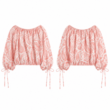 White and Coral Paisley Print Off-the-Shoulder Blouson Top