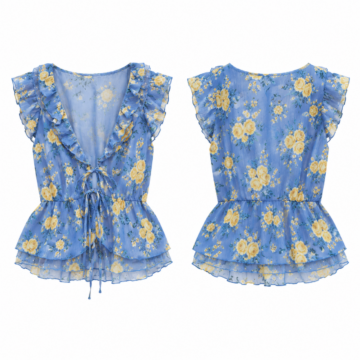 Royal Blue and Yellow Floral Ruffle V-Neck Peplum Top