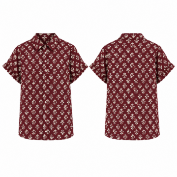 Maroon and Cream Floral Short Sleeve Button-Up Shirt