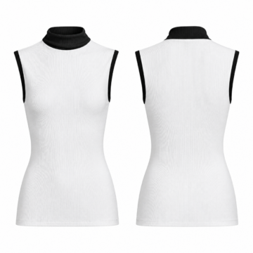 White and Black Ribbed Knit Mock Neck Sleeveless Top