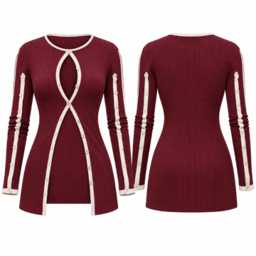 Burgundy and White Colorblock Crew Neck Top